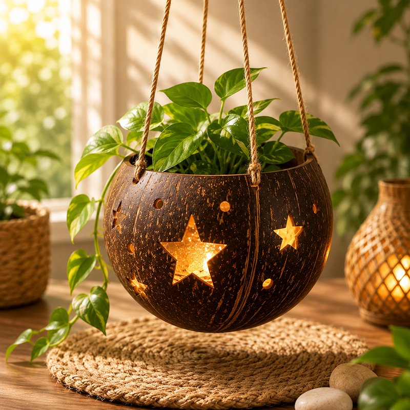 Handmade Coconut Shell Hanging Planter